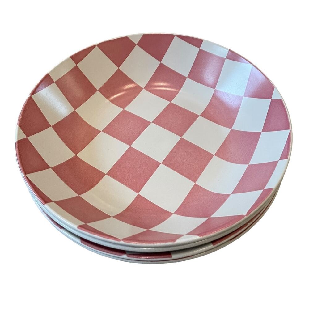 Mauve & White CHECKERED Salad Bowls 7.75in Heavy Stoneware Patterned Pantry New